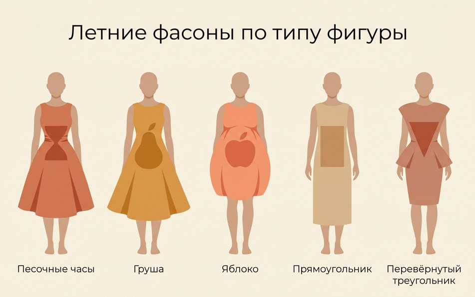 Силуэтная схема: летние фасоны по пяти типам фигуры