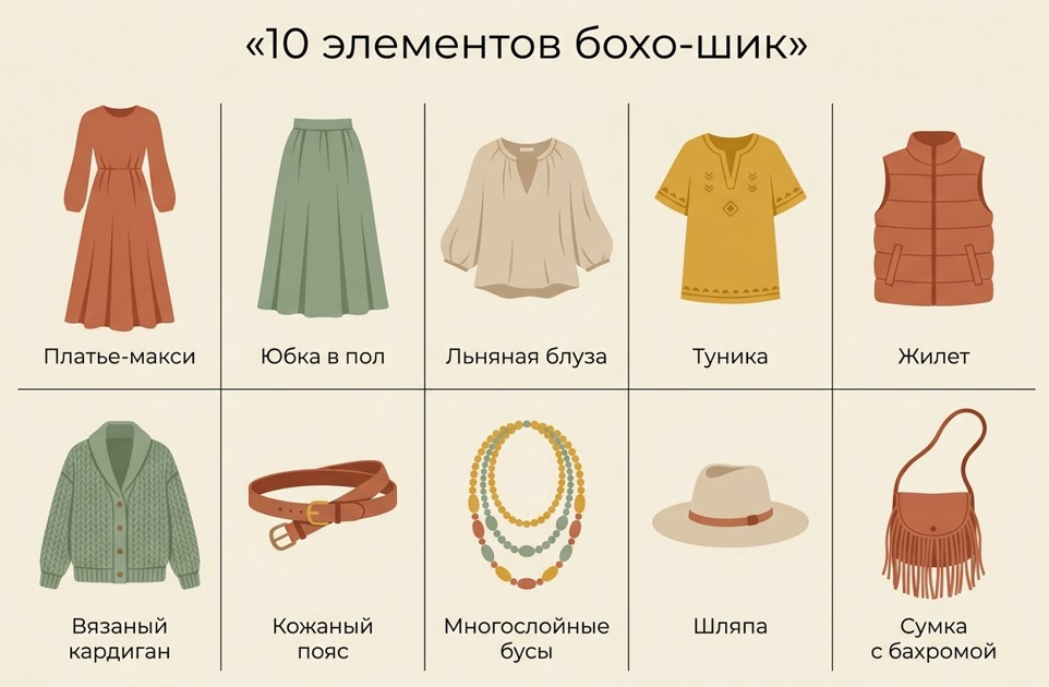 Инфографика: 10 базовых элементов гардероба в стиле бохо-шик с иконками и подписями