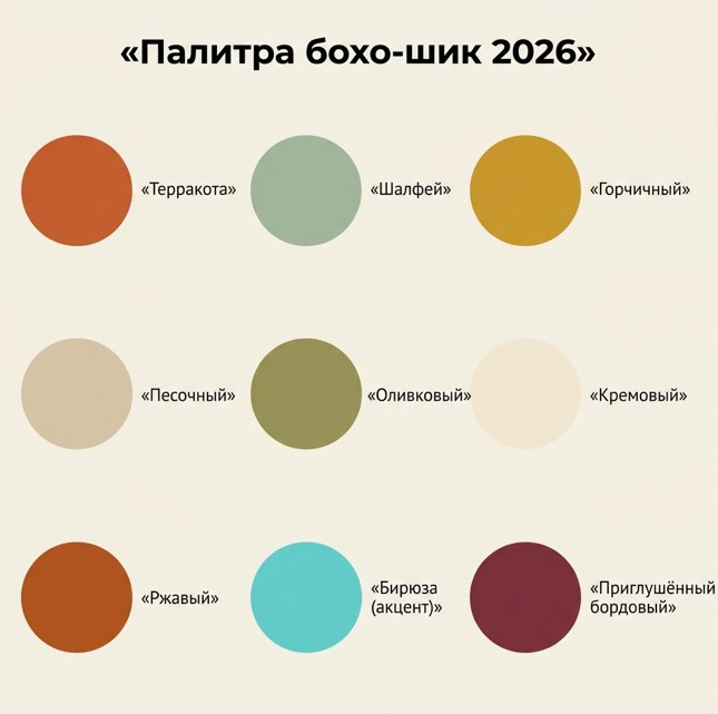 Инфографика: цветовая палитра бохо-шик 2026 — терракота, шалфей, горчичный, песочный и акценты