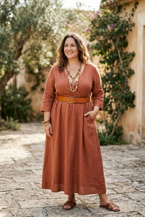 Plus-size бохо-образ: льняное платье-макси терракотового цвета с кожаным поясом и V-вырезом