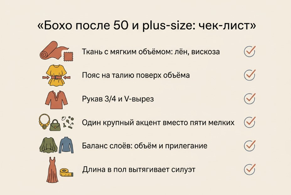Инфографика-чек-лист: как носить бохо-шик после 50 и в plus-size — 6 правил