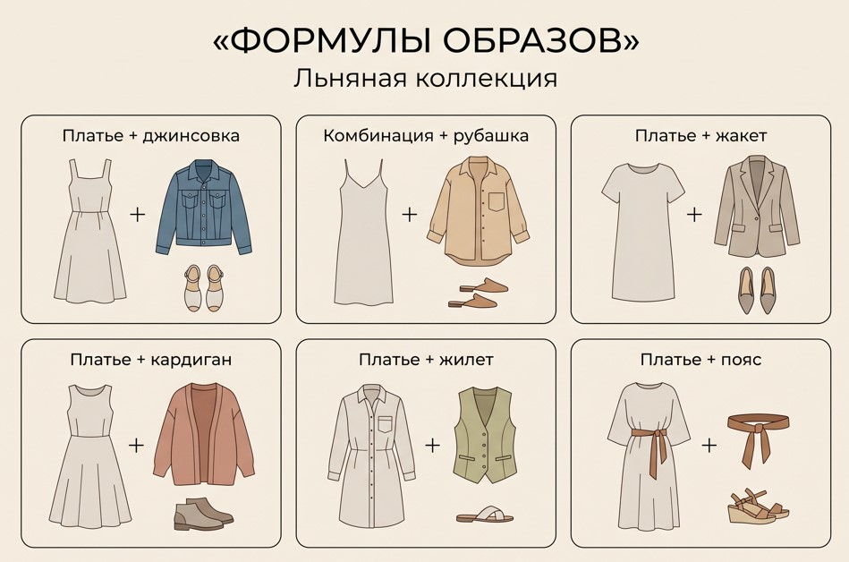 Инфографика: 6 формул образов с льняным платьем в виде иконок одежды