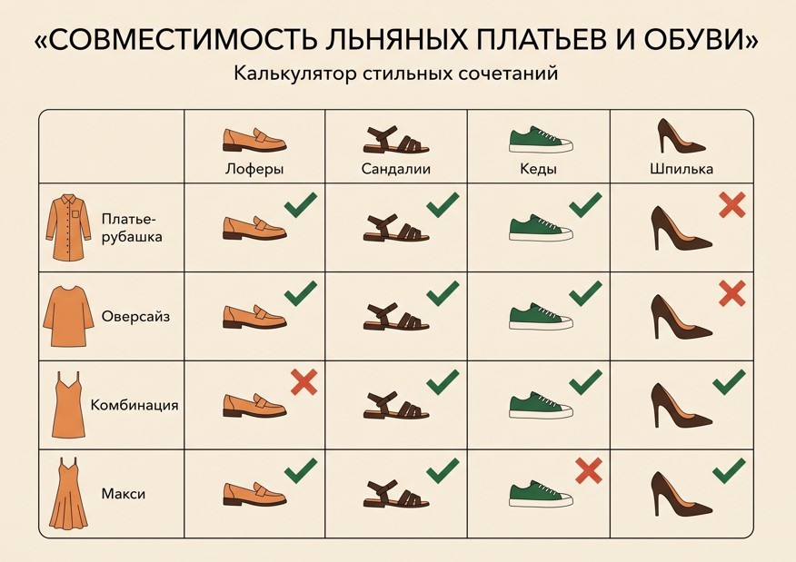Инфографика: сетка сочетаемости фасонов льняного платья и обуви