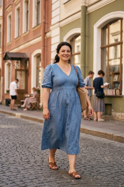 Женщина plus size в синем льняном платье с завышенной талией и V-вырезом