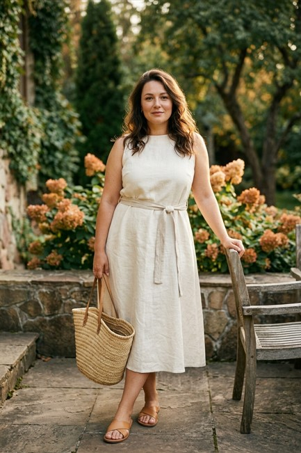 Белое льняное платье А-силуэта на фигуре plus-size