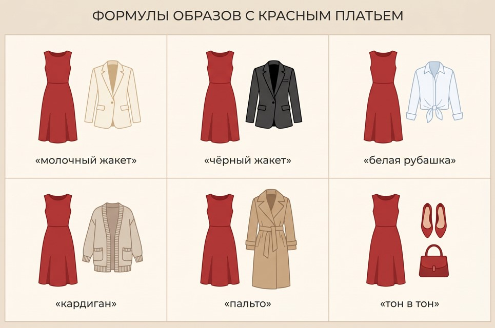 Шесть рабочих формул показывают, как менять настроение красного платья верхним слоем.