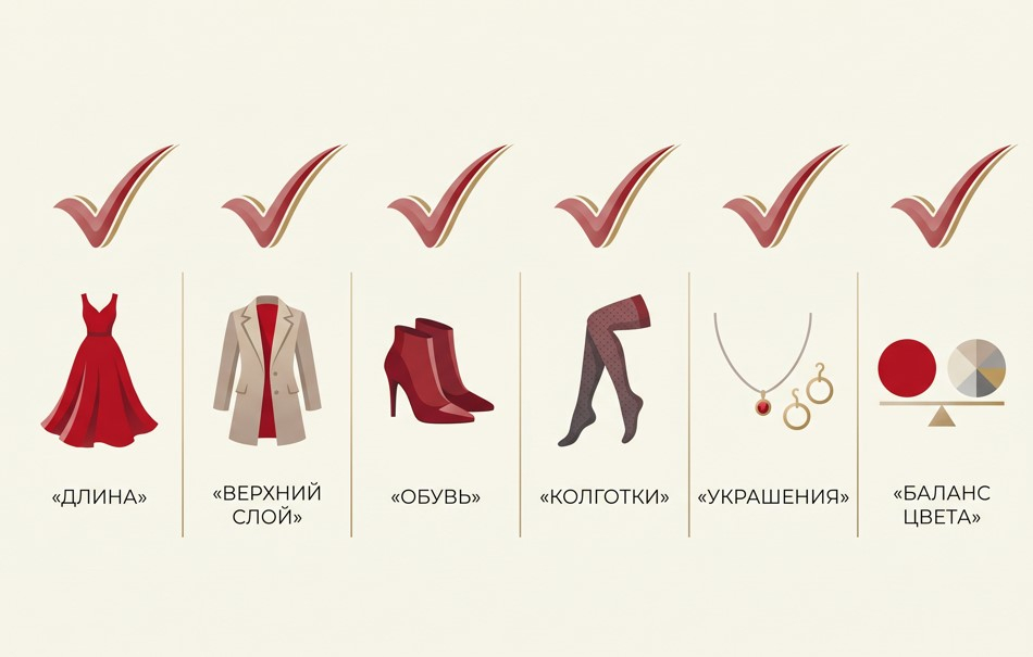 Перед выходом проверьте шесть точек: длину, верх, обувь, колготки, украшения и баланс цвета.