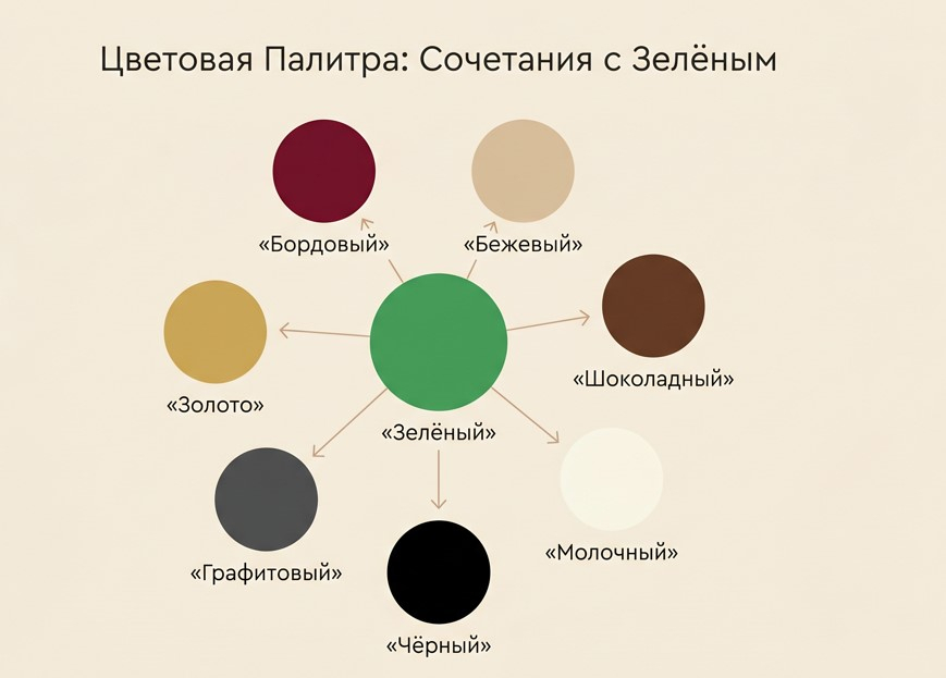 Палитра удачных соседей зелёного — от бежевого до бордового.