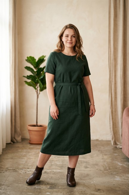 Темная зелень и полуприлегающий крой — выигрышная база plus-size.