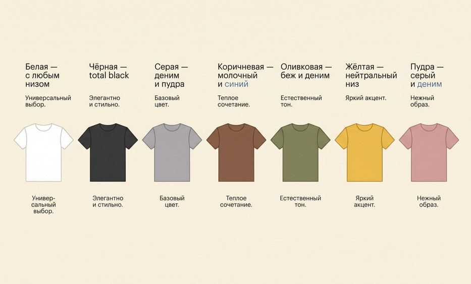 Шпаргалка по цвету: какой низ гасит или поддерживает каждый оттенок футболки.