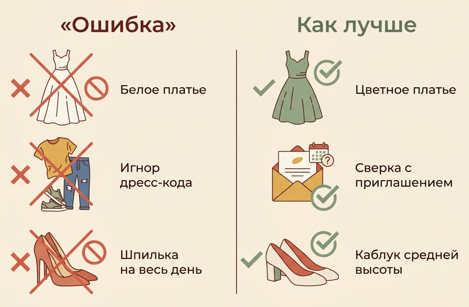 Частые промахи и их исправление: цвет, дресс-код и обувь.