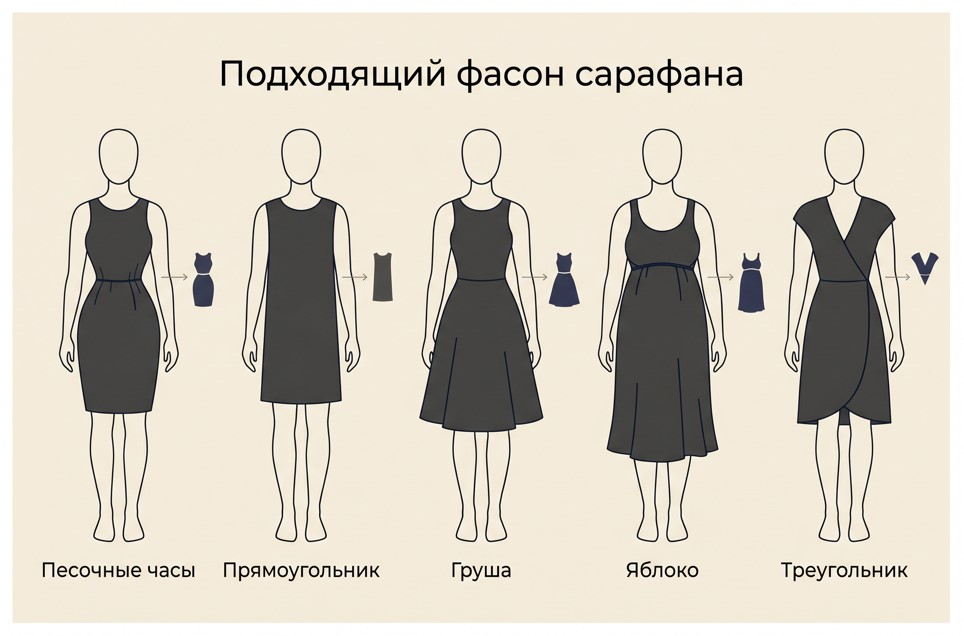 Силуэтная схема: какой крой сарафана подчеркивает достоинства каждого типа фигуры.