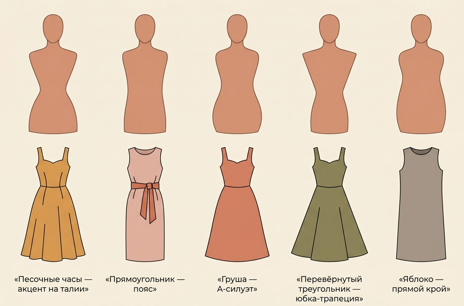 Пять типов фигуры и подходящие силуэты сарафанов — ориентир перед примеркой.
