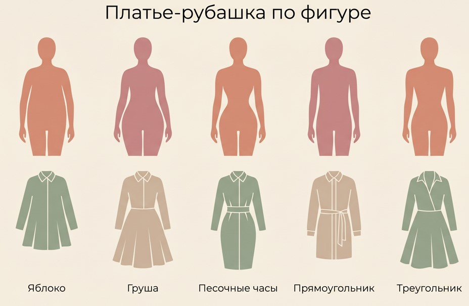 Подбор фасона платья-рубашки под пять основных типов фигуры.