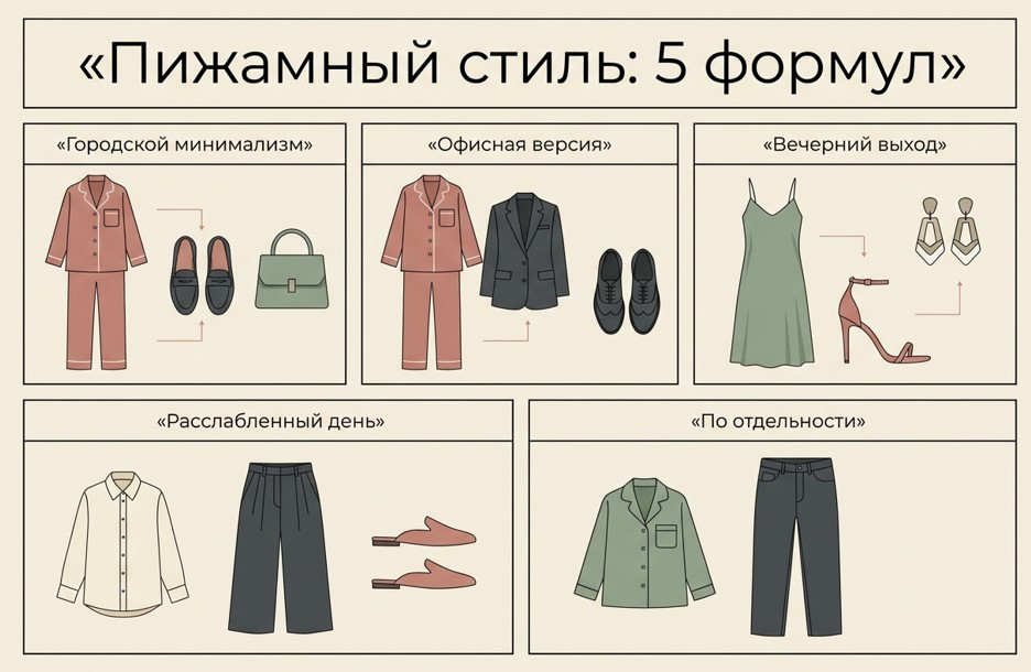 Пять базовых формул: один костюм превращается в пять разных образов сменой обуви и аксессуаров.