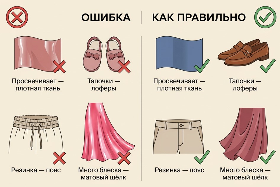 Четыре частые ошибки и простые замены, которые переводят пижамный образ из спальни в город.