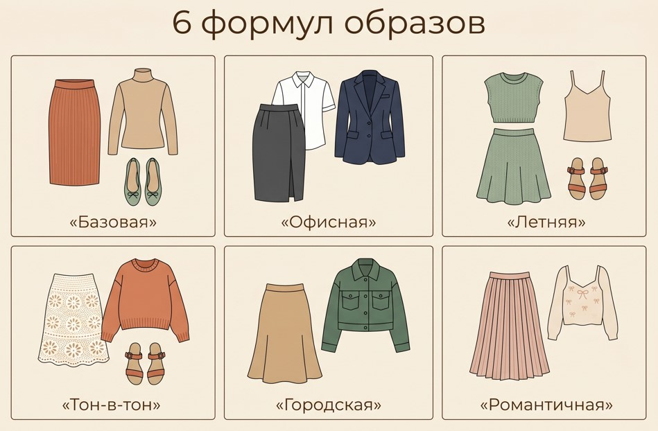 Шесть базовых формул с вязаной юбкой — сохраните, чтобы собирать образ за минуту.