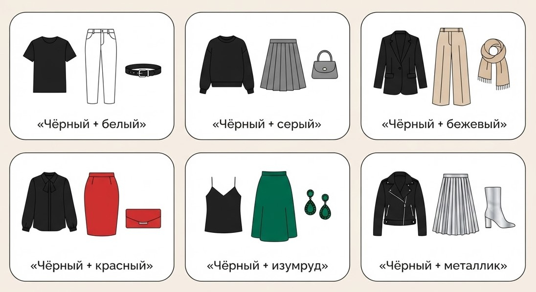 Шесть базовых формул с чёрным — сохраните как шпаргалку перед шопингом.