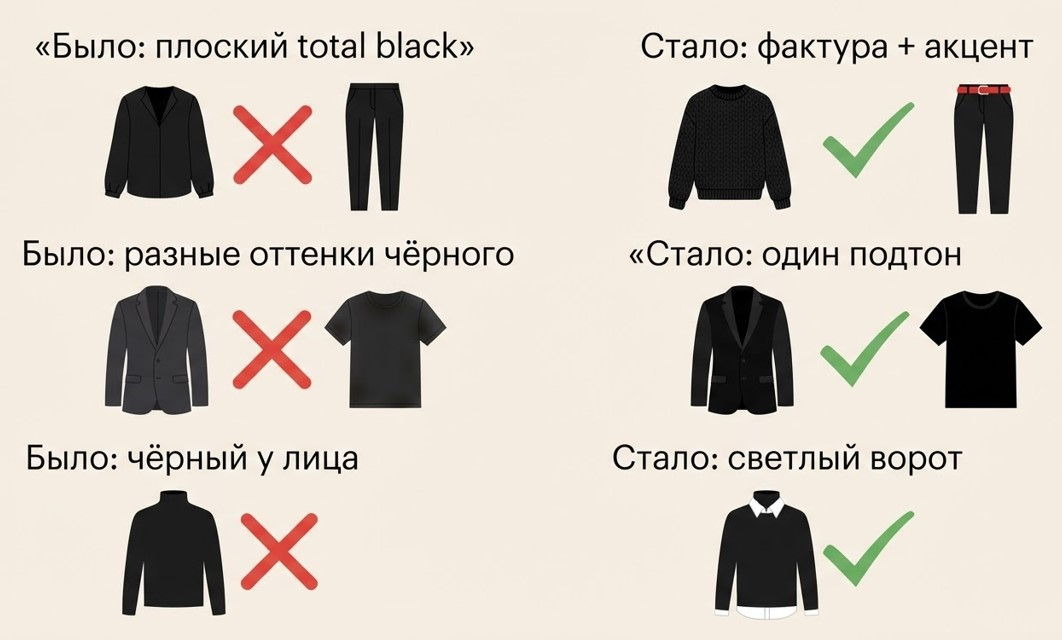 Слева — типичные промахи, справа — как собрать чёрный правильно.