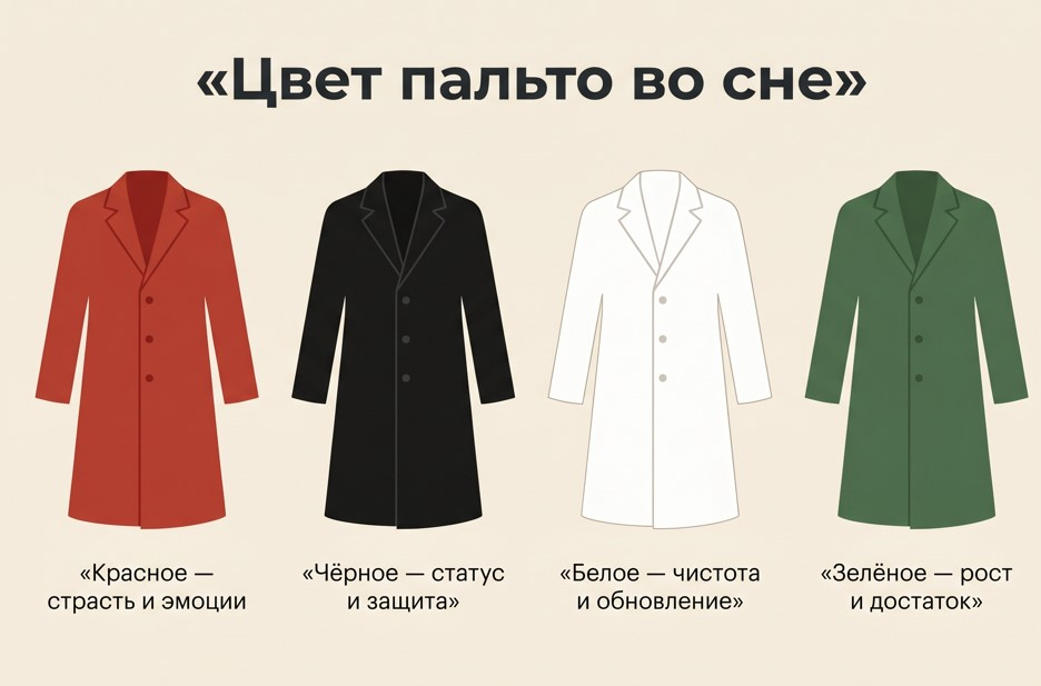 Цвет пальто во сне уточняет толкование сильнее, чем сам сюжет.