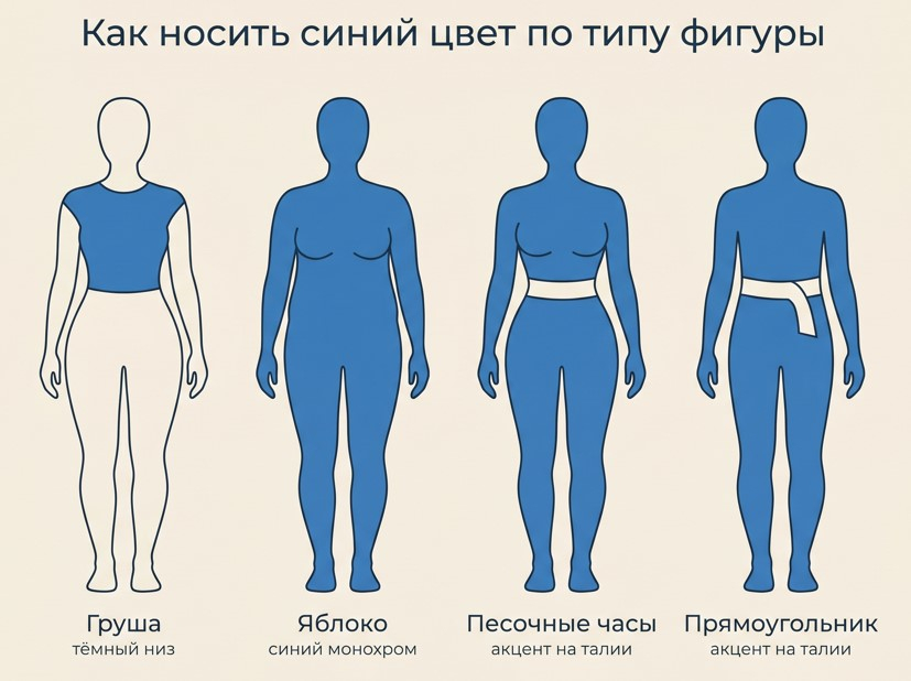 Синий по типу фигуры: где ставить тёмный оттенок, а где — акцент.